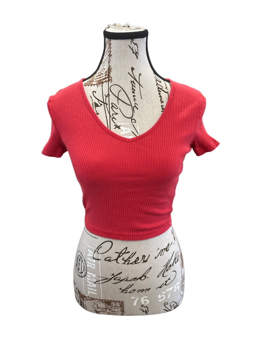 Women's Ribbed V-Neck Crop Top - Red, small